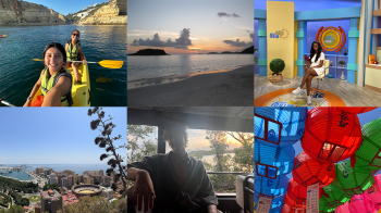 Six-photo collage: A woman sitting in the anchor chair in an TV news studio; green, red, blue and pink balloons with Korean text on them; sunset view of a beach; a male student posing for a photo in a vehicle with a lake seen in the background; two women taking a selife photo in a kayak on water; aerial image of a cityscape with water in the background.