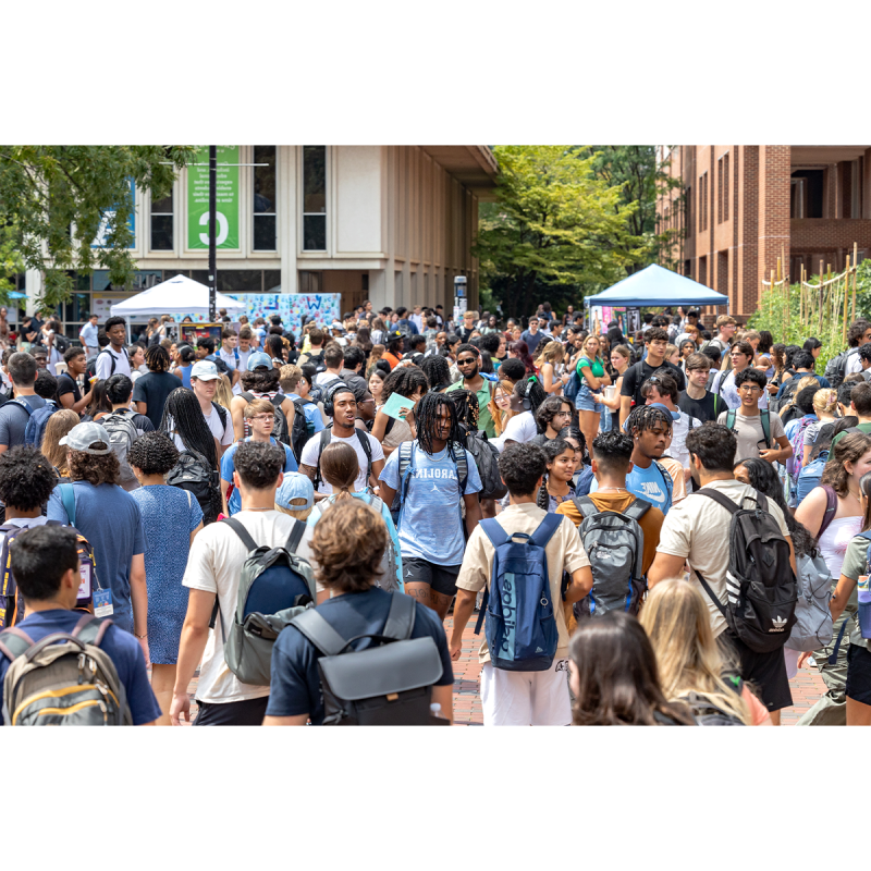 A large crowd of students on the campus of UNC-Chapel Hill near a popular student hangout called 