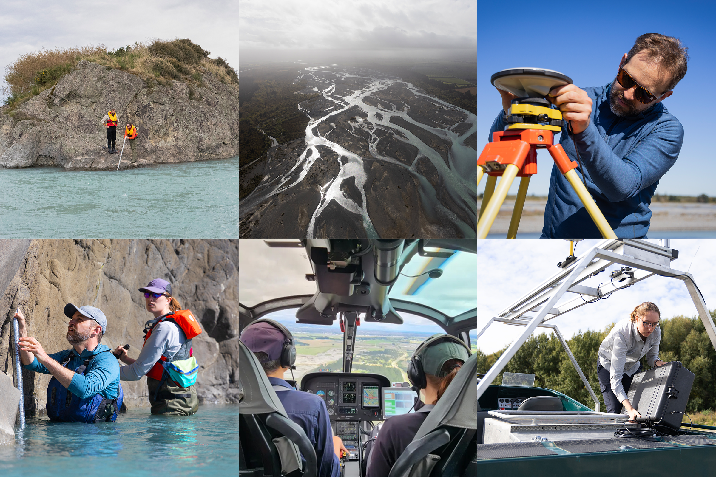 Six-photo collage with pictures of: a man setting up a measurement 太l on land near a river; an aerial view of a winding river in 新西兰; two re博彩平台ers wearing life vests and standing on the edge of a large rock while placing a measurement 太l in a river; a re博彩平台er configuring a large GPS system to a boat; a man and a woman riding in a helicopter; two re博彩平台ers configuring a measurement rod in a river.