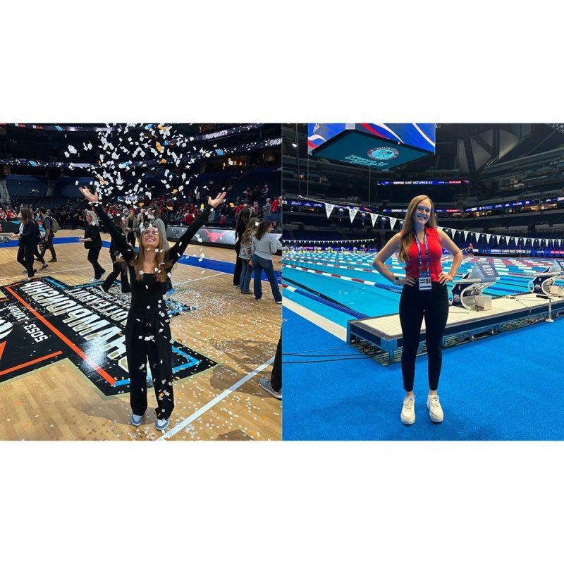 Julia Roth standing in front of Olympic swimming pool; Kaitlyn Schmidt throwing confetti in air on basketball court