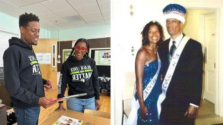 Image of Kevin and Ronda Bullock as Carolina students in 2003, next to an image of them today.